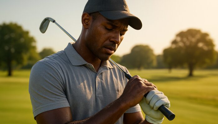 South African golfer adjusting a sweaty grip on the club under bright sun on the golf course