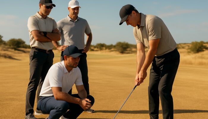 Professional golfers adjusting grips on dry fairways at the Sunshine Tour with coaches observing