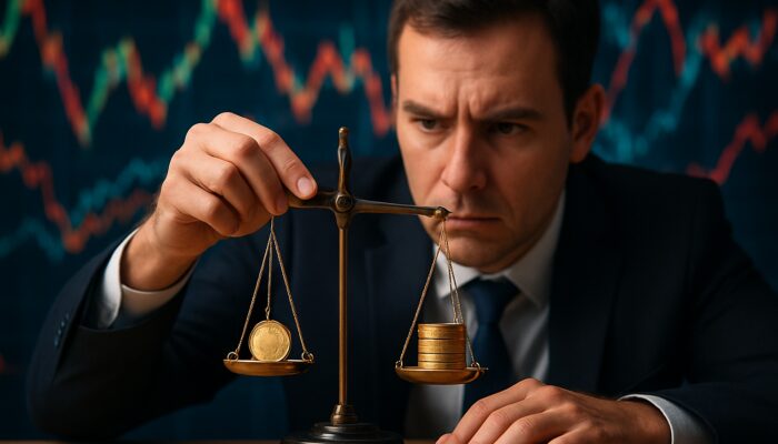 Trader balancing golden coins on scale amid stock charts for position sizing and risk management