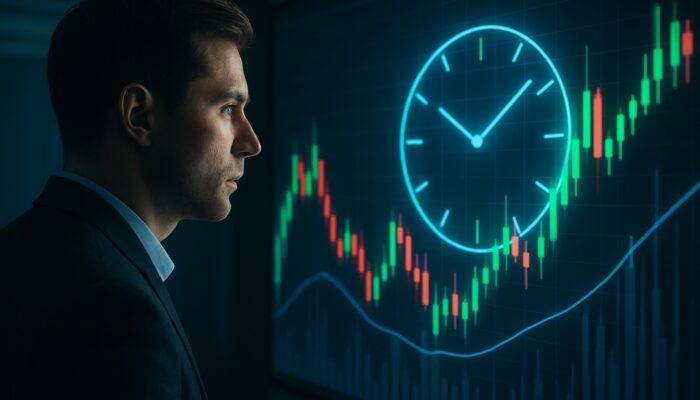 Trader assessing the MACD histogram with green-red bars and a clock overlay in a modern trading environment.