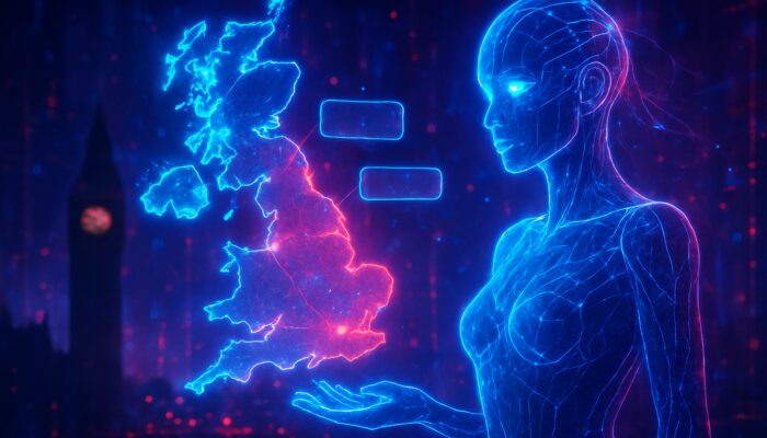 AI hologram analysing UK search trends over a glowing map of Britain with Big Ben silhouette.