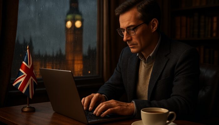 British editor refining AI content on a laptop in a cozy London study with a view of Big Ben