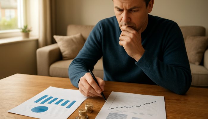 Homeowner assessing UK remortgage and loan costs with keys, coins, and charts on table